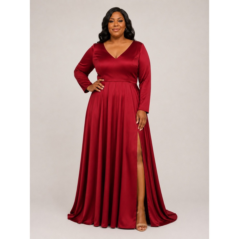 Ieena for Mac Duggal 26613 Wine Red Satin‎ Long Sleeve V-Neck Gown Slit Size 16